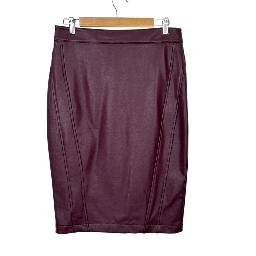 REITMANS Faux Leather Classic Midi Pencil Skirt, Burgundy, Size 6